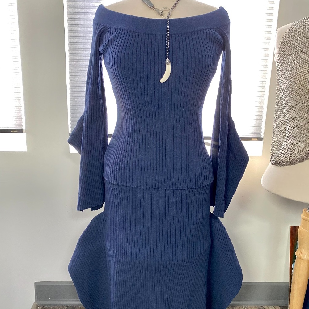 2 piece off-the-shoulder sweater and skirt